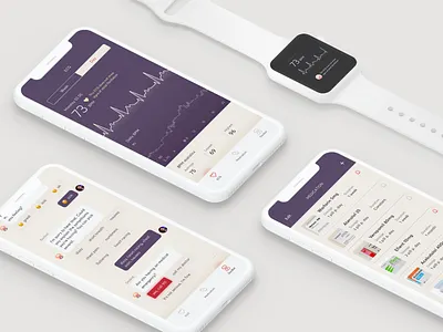 ECG App & Wearable - concept design app body bpm chat chatbot data delicate ecg equipment flat design health heart hints iwatch list mauve mobile app purple violet wearable