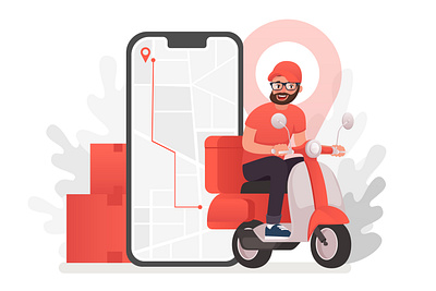 Scooter with delivery man near mobile phone. Fast courier 2d character character design courier creative delivery design illustration mobile app vector