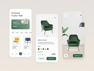 AR application for selling Household goods 3d android app ar chair clean concept ecommerce flutter furniture green illustration ios market minimal mobile sofa ux vr white