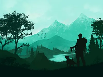 Landscape 2 dog forest hiking illustration mountain river tent