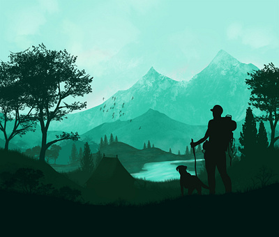 Landscape 2 dog forest hiking illustration mountain river tent