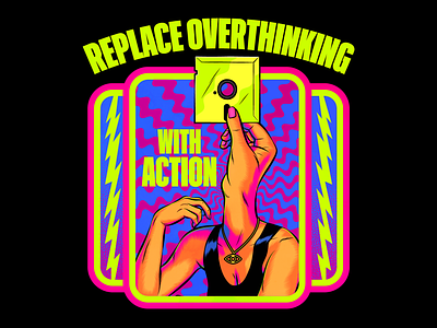 Replace overthinking with action design illustration overthinking retro surrealism vector vintage