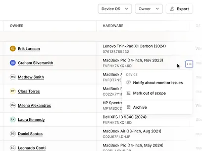 Device Table - Actions Popover compliance data dense ui devices figma filters hover mdm minimal oneleet popover product design saas soc2 table table ui ui web