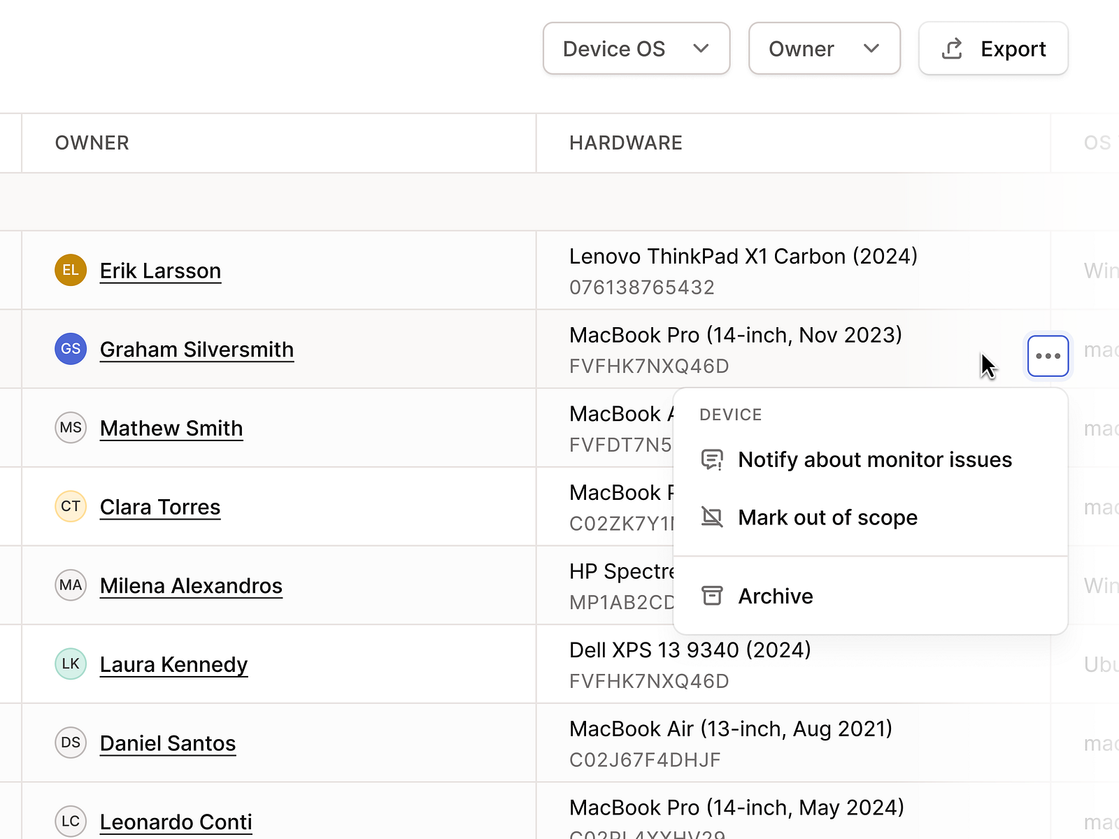 Device Table - Actions Popover by usrnk1 on Dribbble