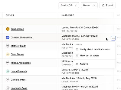 Device Table - Actions Popover compliance data dense ui devices figma filters hover mdm minimal oneleet popover product design saas soc2 table table ui ui web