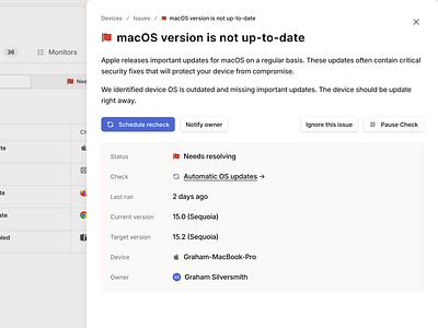 Device Issue - Slide-Over Detail View actions button callout compliance drawer figma mdm modal oneleet product design saas security slide over ui design web web ui