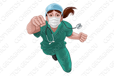 Nurse Doctor Woman Super Hero Medical Concept 19 art book cape comic corona coronavirus coronovirus doctor flying hero mask medical nurse ppe scrubs super superhero woman women