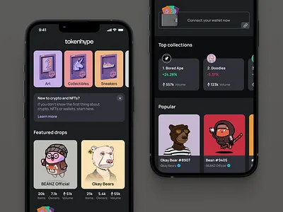 Tokenhype - NFT marketplace app app crypto dark mode design marketplace mobile nft typography ui