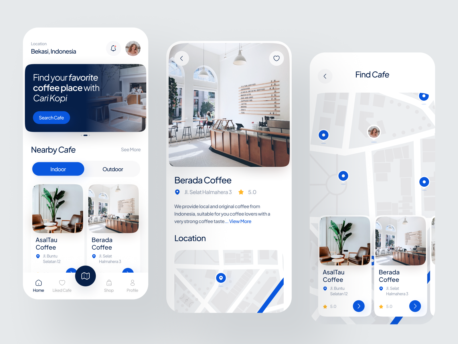 Cari Kopi - Cafe/Coffie Shop Finder cafe clean coffee coffee shop coffee shop cafe design finder finder app flat food ios location minimal minimalist mobile online food order order restaurant restaurant booking ui