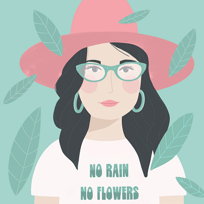 No Rain No Flowers 50s glasses blue drawing girl girl drawing hat hippie illos illustration ladies lady modern no flowers no rain pink portrait procreate teal women