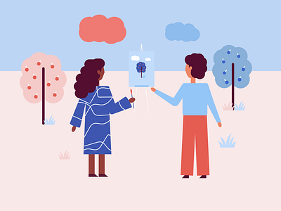 Painting girl with friend blue bluesky boy brush clouds darkhair design easel fruitrees girl grass illustraion illustrator nature orange painting peach sky trees white