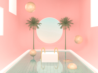 SwimPink 3d 3d art abstract arnold c4d cinema4d design gold light palm pink render sky sphere summer swim swimming pool swimmingpool wall water