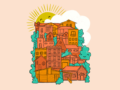 Neighborhood architecture bright building encouraging happy homes houses illustration joy joyful neighbor neighborhood playful sunshine