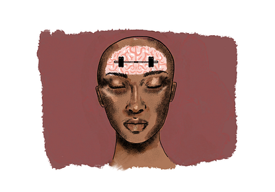 Training on the Brain Illustration article design article illustration blog header brain digital drawing face illustration illustration art illustration digital magazine portrait quarantine stippling thought bubble thoughts weightlifting