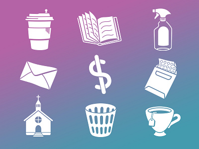 Sticker Icon Set art basket book branding church coffee cup dollar sign envelope icon illustration laundry spray bottle steeple stickers tea teabag