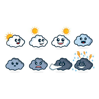 cloud set Converted cartoon character cloud cloudy cumulonimbus cute dark emoticon emotion funny happy illustration mascot nature power sky smile thunder thunderstorm vector