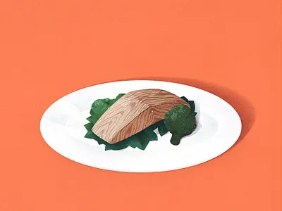 Wood Salmon Steak broccoli dining dinner editorial food greens illustration illustration art ironic meal plate salmon table wood