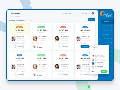 Animal Care Dashboard for web animal app cards ui clean ui creative design dashboard app dashboard ui latest design medical app minimal modern design product design ui user experience design user experience ux user interface design ux vet app veterinary visual design web design