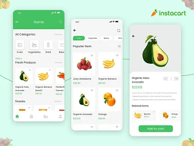 Grocery Delivery App Design Inspired by Instacart android app concept delivery design ecommerce food food app grocery app grocery list grocery online grocery store ios mobile app mobile design mobile ui product product ui vegetables