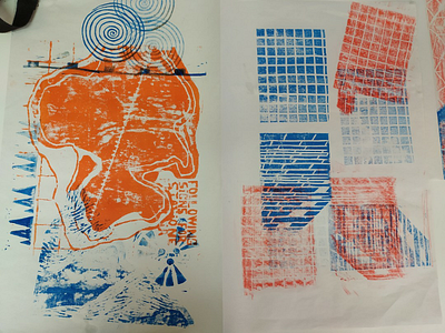 Linogravure Blue & Orange #3 linogravure