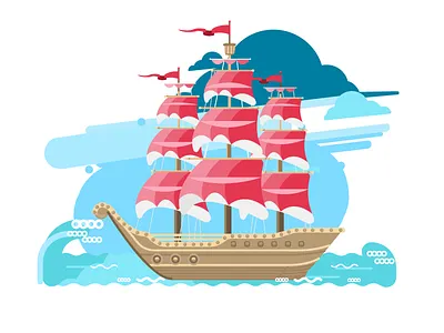 A ship with scarlet sails adobe illustrator design floats illustration ocean sailboat sea ship summer vacation tourism transport vector
