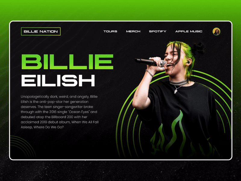 Billie Eilish Concept Design - Figma Smart Animate colors dribbble figma graphic design product design typography ui vector web