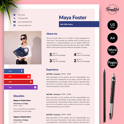 Modern Resume for Word & Pages “Maya Foster” 1 page resume 2 page resume 3 page resume creative resume word curricular vitae curriculum vitae cv template cv with photo cv with social media fashion job cv marketing resume modern resume professional resume resume for word resume template resume template word resume with photo social media cv social media marketing social media resume