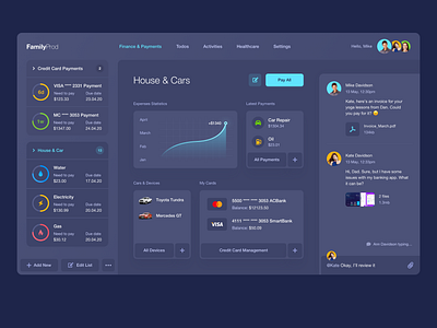Family Dashboard Web UI chart chat clean dark dark theme dashboad minimal payments ui web