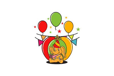 elephant partying logo template animal animation balloon cartoon character cute design elephant fun funny illustration kids logo party smile star trumpet