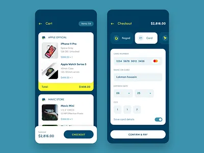 Cart & Checkout Screen - Mobile App UI app ui app ui design app ui ux bkash checkout daily ui challenge dailyui dailyui 002 ecommerce grocery app grocery app login master card mobile app shopping cart signup trend ui challenge ui design