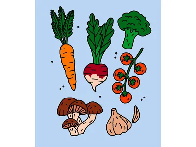 Eat your veggies brocoli carrot cherry tomatoes fruit garlic greens healthyfood market mushrooms turnip vector art vegetarian veggies