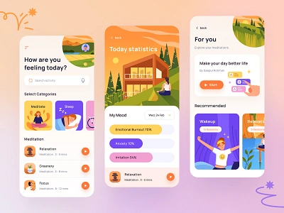 Stress meditation app design anxiety app design focus full color hand house icon illustration illustrations irritation meditation mobile orely people relax sleep statistics stress ui design wake up