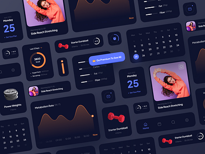 Fitness & Workout Components - Dark Mode 3d 3d icon app athlete calories diet dumbbell exercise fit fitness gym health healthy muscle sport training ui ux workout yoga