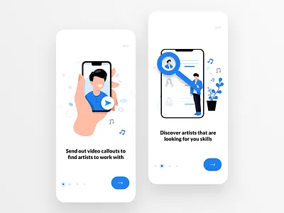Onboarding Screens for Ryse App 2d app application clean design illustration music app music art onboarding onboarding screen tutorial tutorial screen ui walkthrough