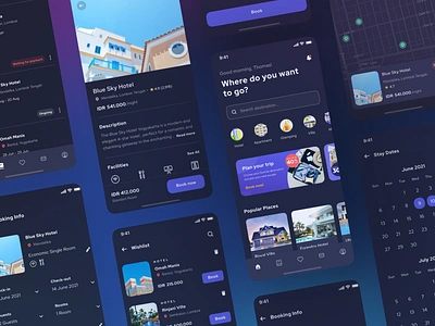 Brooms - Collase Version (Dark Mode) air bnb app booking booking apps collase dark mode holiday homestay hotel management hotels ios mobile mobile app tourist traveling trip ui ui kit ux vacation