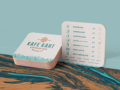 Kafe Kart Menu Coasters bar cappuccino cart chai chocolate choice coaster coffee iconography icons kafe kart latte menu mocha square tea wave