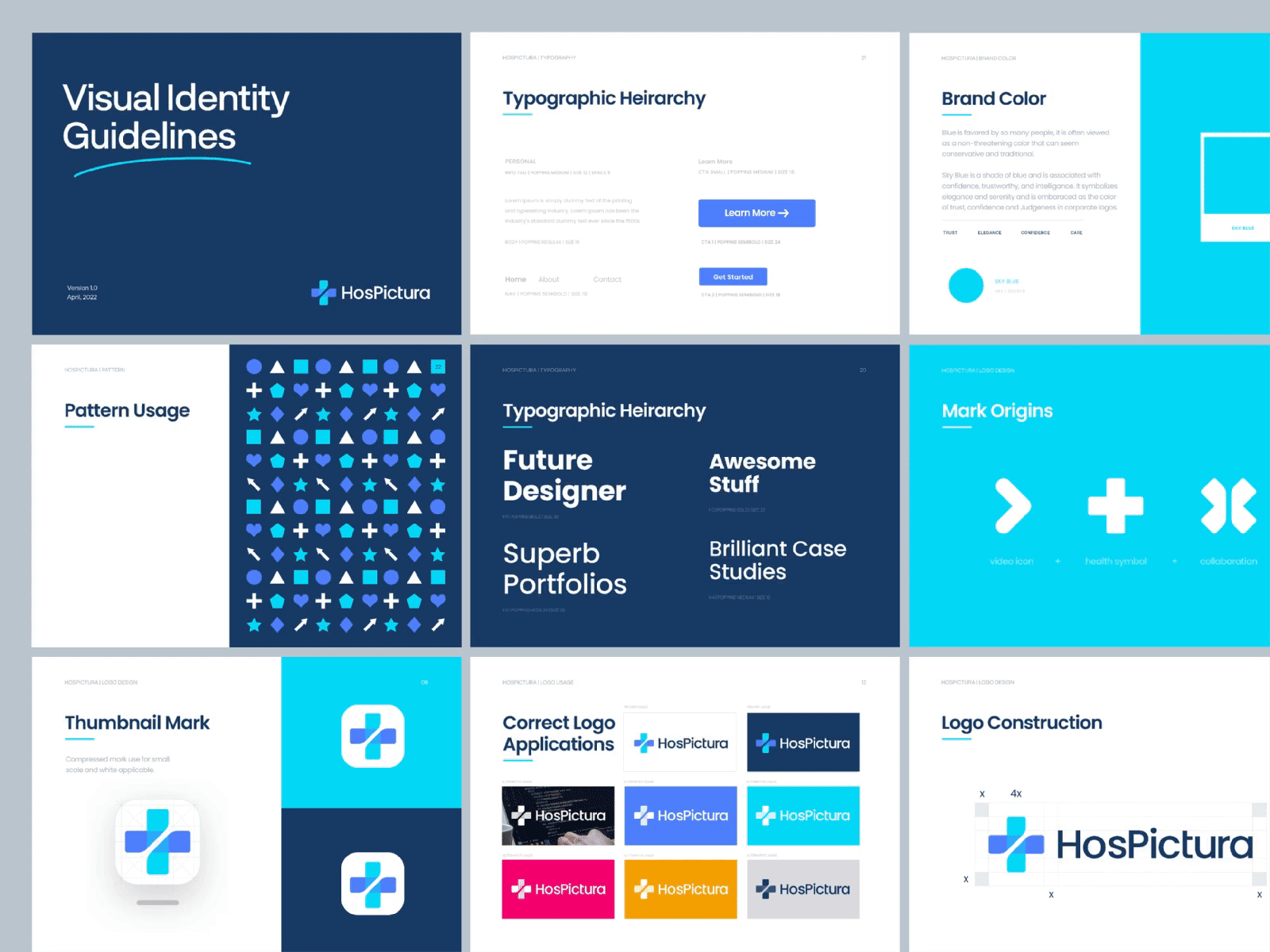 HosPictura - Visual Identity Guidelines brand brand book brand identity branding case case study clean colors design system guidelines health health care hospital layout design logo design minimal style guide ui video production visual identity