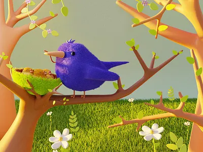 bird 3d 3d art 3d bird 3d flowers 3d forest 3d illustration 3d modeling bird blender character colorfull design flowers forest illustration render spring sute 3d trees vector