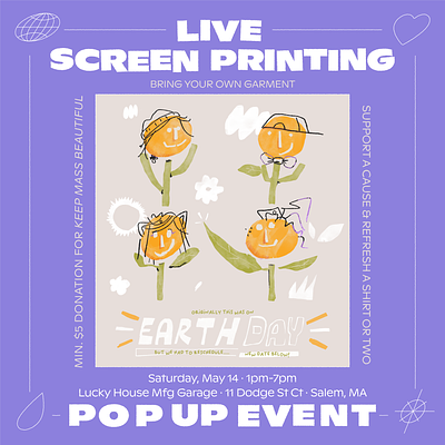 Earth day event boston character earth earth day flowers print screen printing