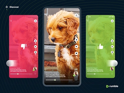 Rumble: Swipe to Like/Dislike app design comment dislike dog feed ios iphone like play playback player puppy social media swipe ui design uiux video video feed video player youtube