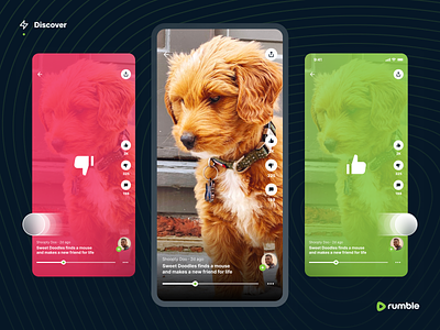 Rumble: Swipe to Like/Dislike app design comment dislike dog feed ios iphone like play playback player puppy social media swipe ui design uiux video video feed video player youtube