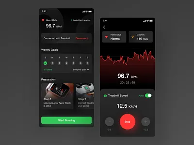 Mobile App for Heart Rate and Treadmill ❤️ analitycs clean design dark dark app dark theme dark ui dashboard fit goals gradient health heart heartrate internet of things iot minimal monitoring statistic treadmill ux