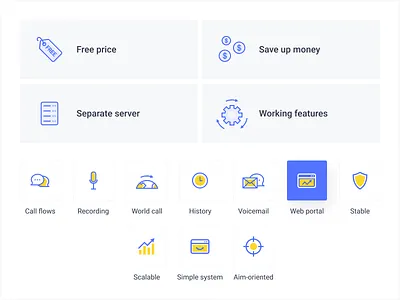 VoIP Website - Set of icons call chat coins features history icon set illustration money price protect records server site stable stables target voicemail voip website world