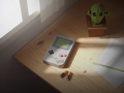 Kawaii Gameboy 3d b3d batteries c4d cactus cute desk gameboy nintendo paper pencile table window