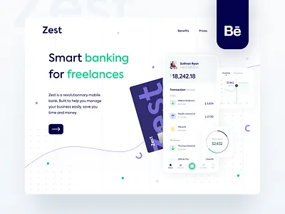 Zest • Behance case study bank bank app banking banking app behance branding case study clean credit card desktop finance fintech freelance hero icons landing page neobank payments pricing page startup