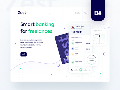 Zest • Behance case study bank bank app banking banking app behance branding case study clean credit card desktop finance fintech freelance hero icons landing page neobank payments pricing page startup