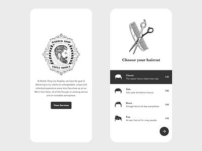 Barber Shop adobe xd app app design barber barber logo barber shop barbers barbershop beautiful black black white black and white clean design hair haircut minimal prototype ui xd