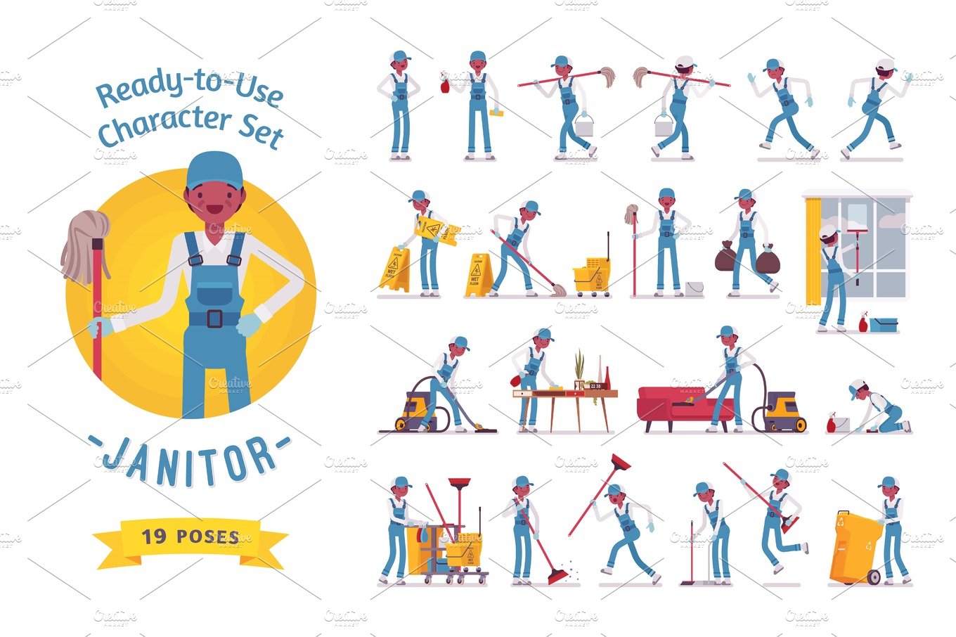 Male janitor character set by Andrew Rybalko on Dribbble