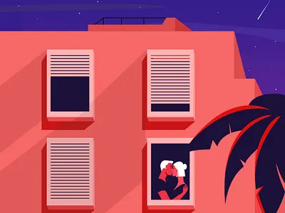 Lovers building charachter color design digitalart illustration lovers night palm pink stars summertime vector window