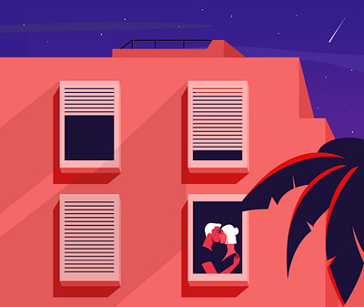 Lovers building charachter color design digitalart illustration lovers night palm pink stars summertime vector window